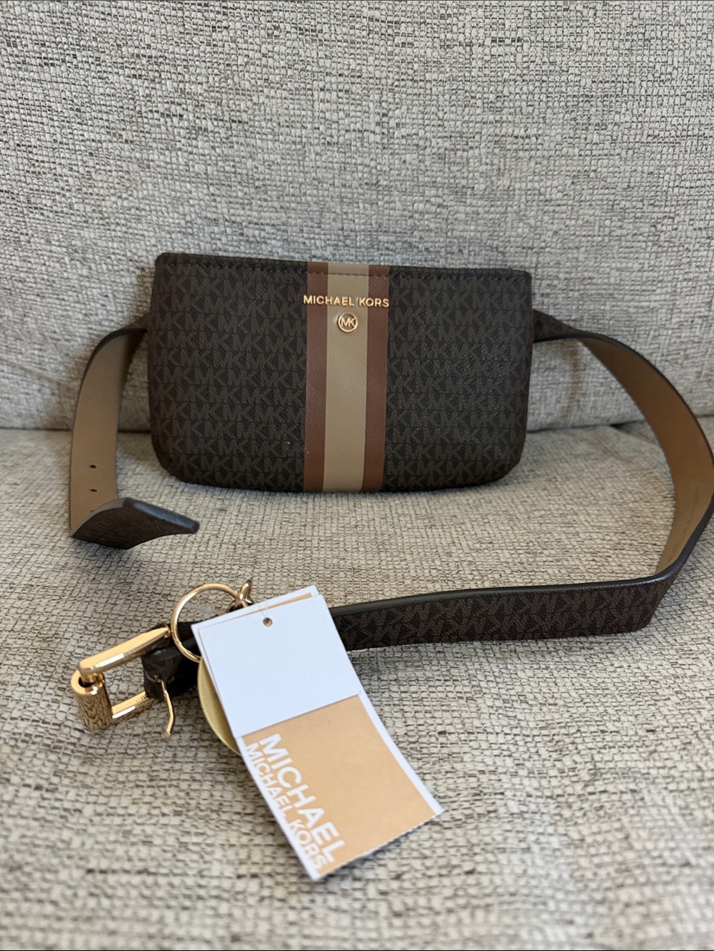 Michael Kors Dark Brown Signature Stripe Belt Bag